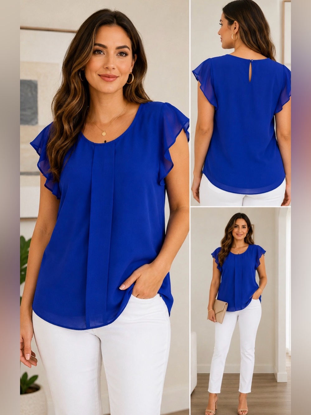 Sami & Jo Royal Blue Chiffon Flutter Sleeve Blouse Top XL.
